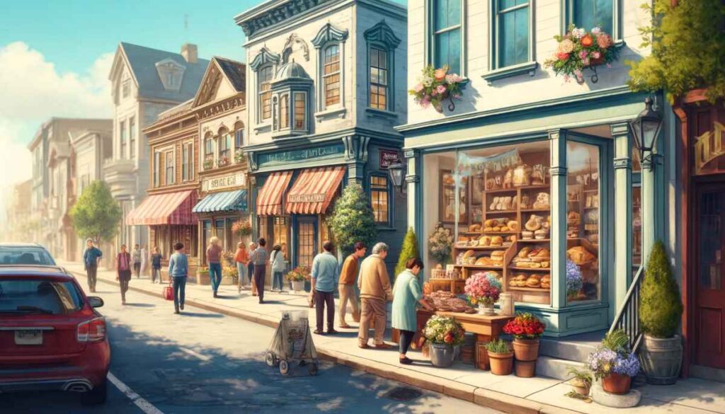 A bustling small town street scene depicting a vibrant small business environment