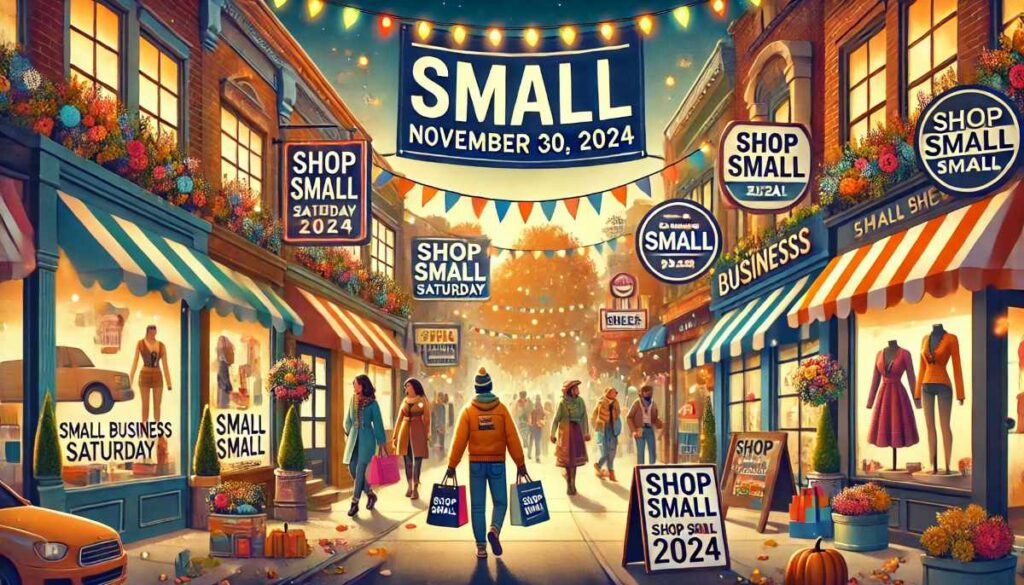 A visually engaging image representing 'Small Business Saturday 2024,' featuring a vibrant urban street with small shops, local businesses,