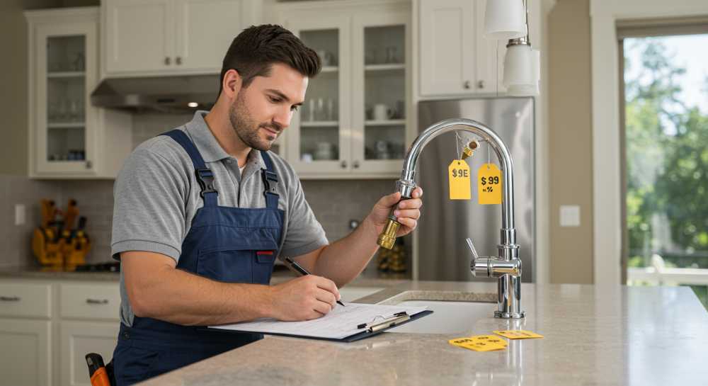 An experienced handyman in uniform repairing a kitchen faucet, with a checklist and price tags on a clipboard; a Silverdale-style home in the background, sunny day, real-life setting