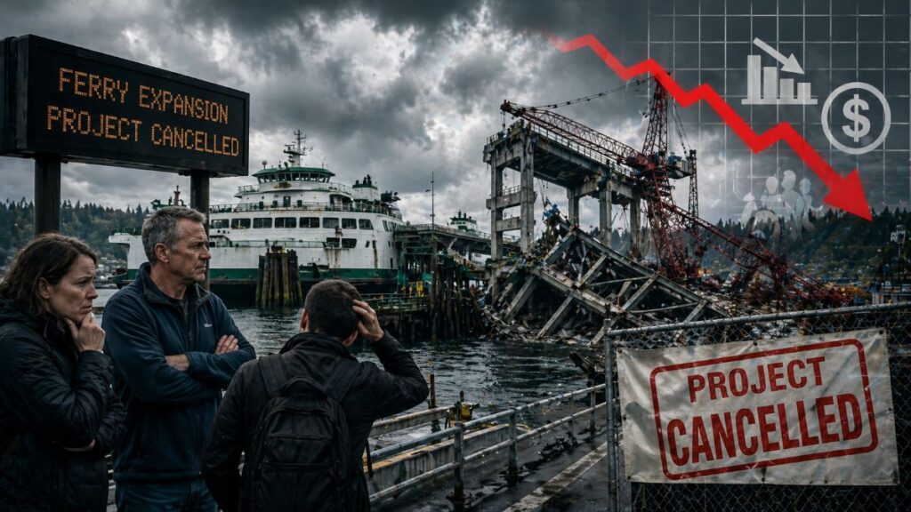 Stormy harbour with cancelled project collapse