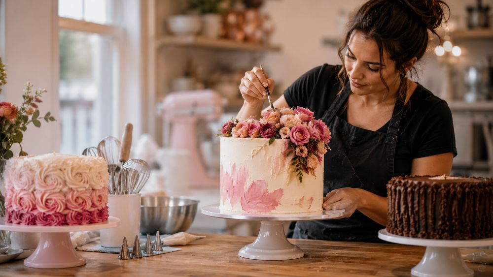 Baking with love in a pastel kitchen