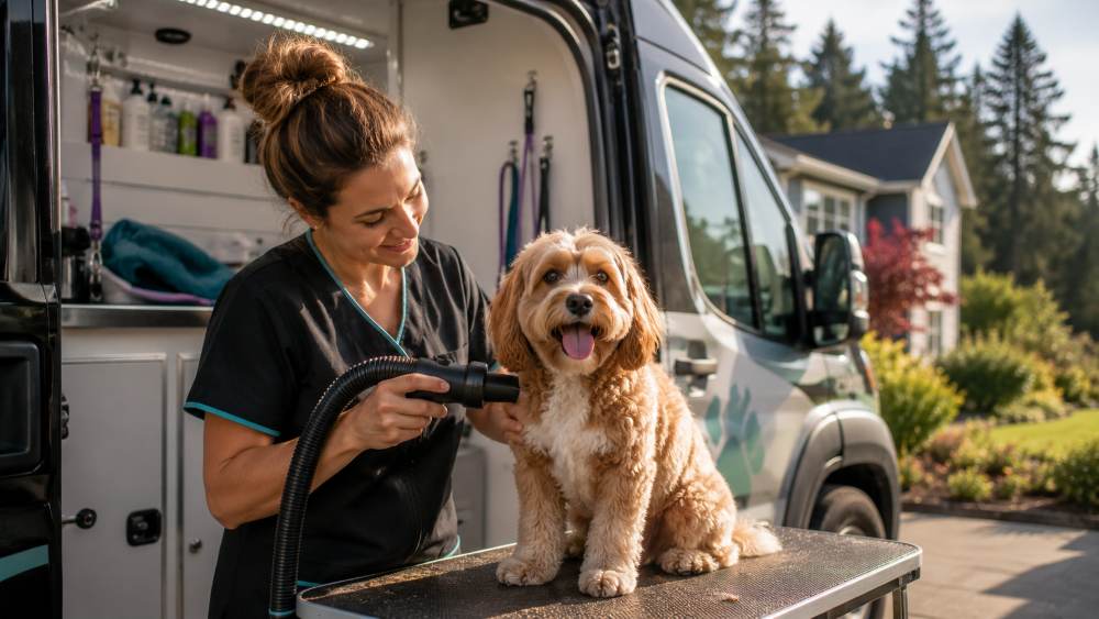 Mobile pet grooming in the garden