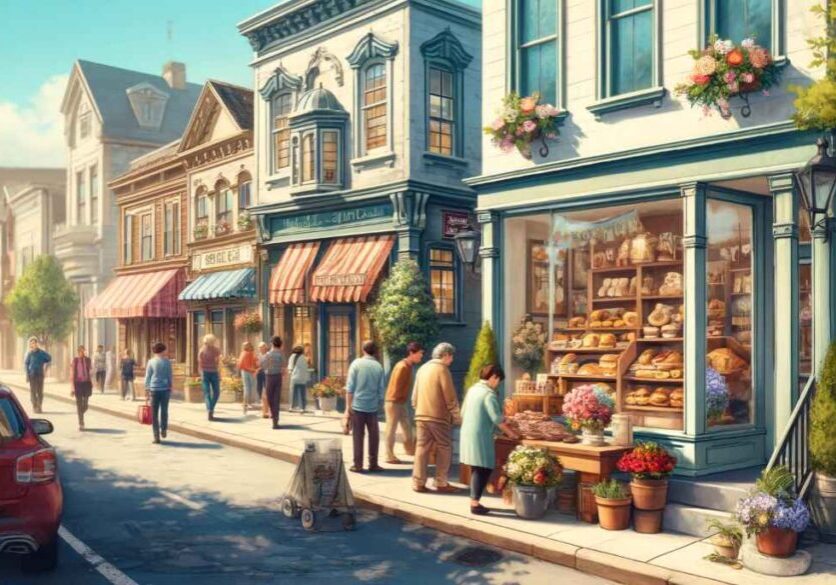 A bustling small town street scene depicting a vibrant small business environment