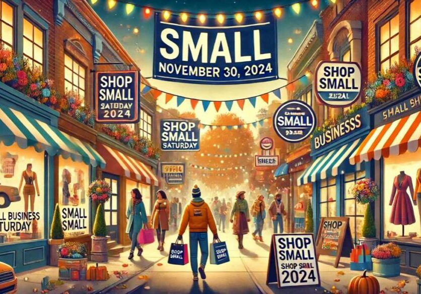 A visually engaging image representing 'Small Business Saturday 2024,' featuring a vibrant urban street with small shops, local businesses,