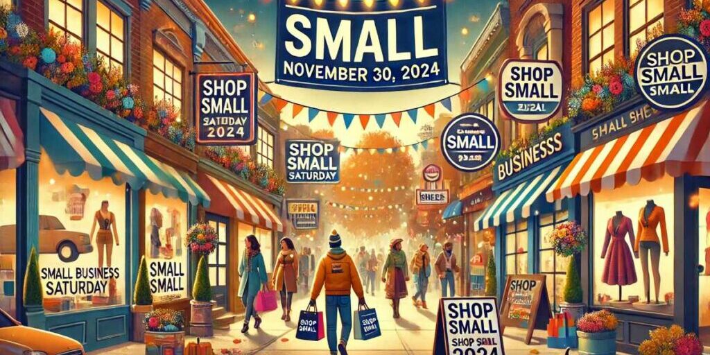 A visually engaging image representing 'Small Business Saturday 2024,' featuring a vibrant urban street with small shops, local businesses,