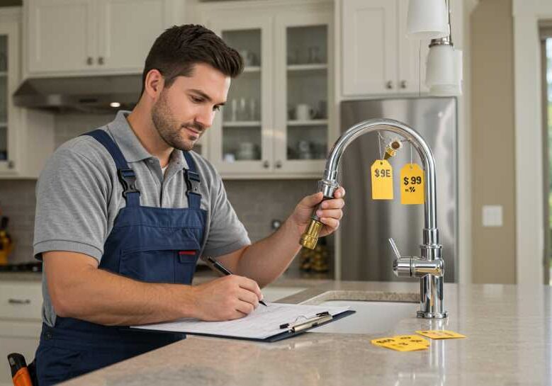An experienced handyman in uniform repairing a kitchen faucet, with a checklist and price tags on a clipboard; a Silverdale-style home in the background, sunny day, real-life setting An experienced handyman in uniform repairing a kitchen faucet, with a checklist and price tags on a clipboard; a Silverdale-style home in the background, sunny day, real-life setting
