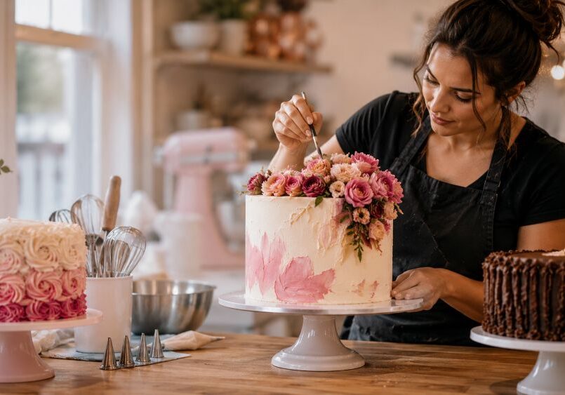 Baking with love in a pastel kitchen