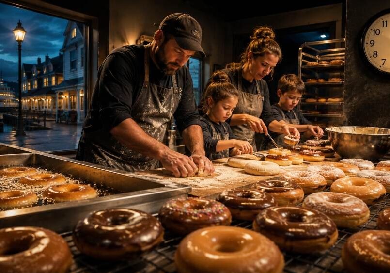 Family bakery warmth at dawn