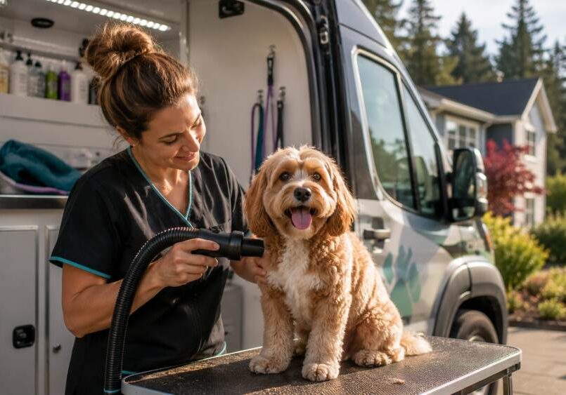Mobile pet grooming in the garden