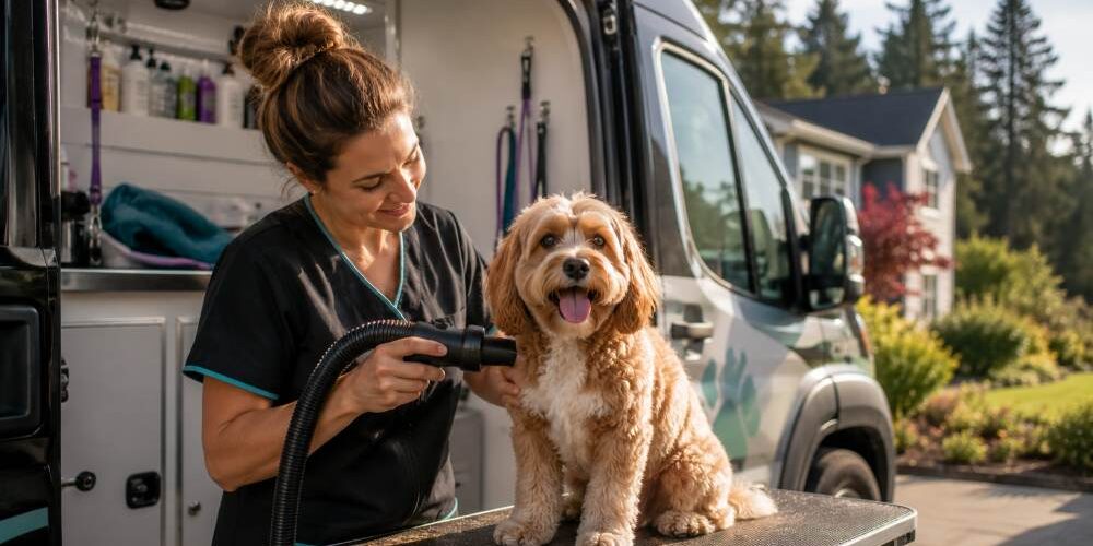 Mobile pet grooming in the garden