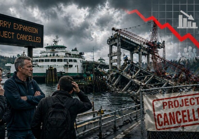 Stormy harbour with cancelled project collapse