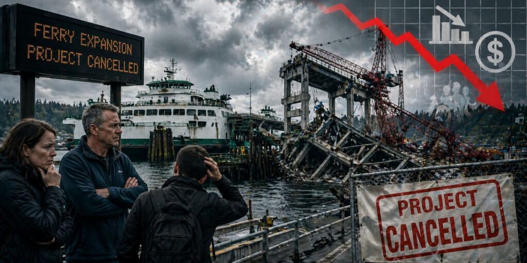 Stormy harbour with cancelled project collapse
